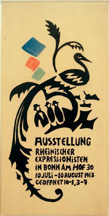 August Macke, Plakatentwurf zur Ausstellung Rheinischer Expressionisten (Ausstellung,Deutsche Kunst,Kunstausstellung,Kunst,Vogel,Plakat,Expressionismus,Entwurf,Typographie,Ausstellungsbesuch)
