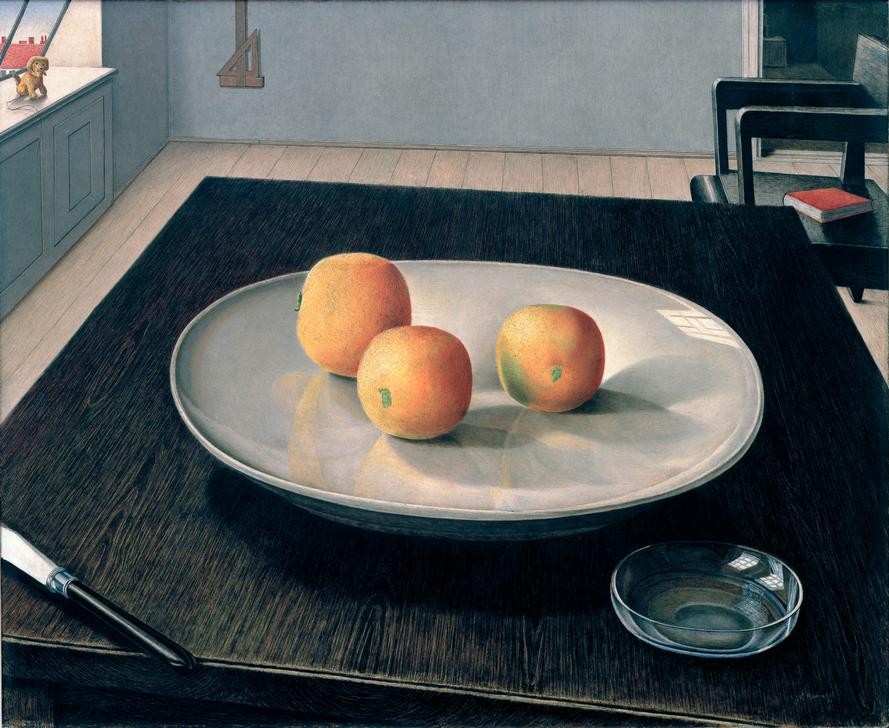Peter FÖrster, Orangenstilleben (Stillleben, Tisch, Zimmer, Obstteller, Orangen,  naturalisitsch, Esszimmer, Wunschgröße, Klassische Moderne)