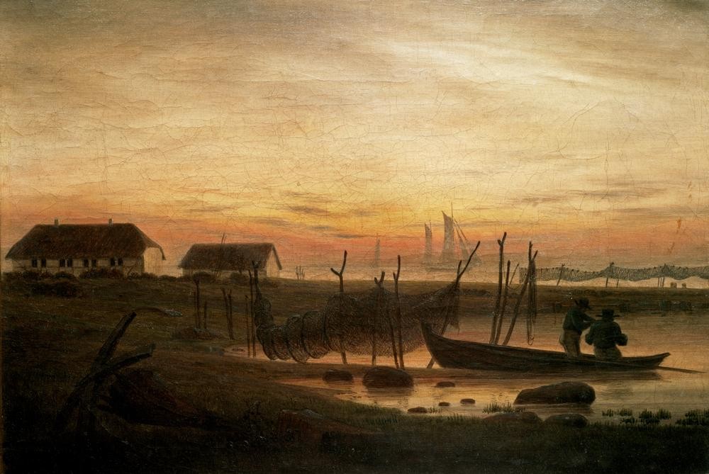 Caspar David Friedrich, Küstenlandschaft im Abendlicht (Deutsche Kunst,Fischerei,Küste,Landschaft,Fischerboot,Tageszeiten,Abend,Romantik)