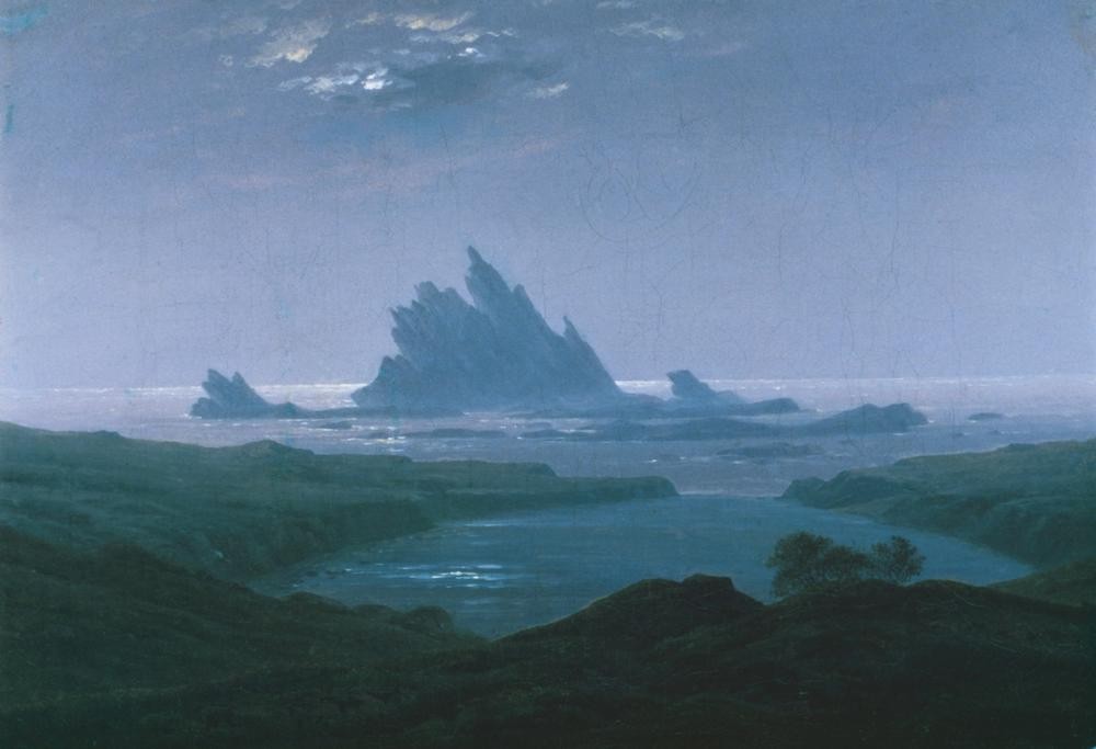 Caspar David Friedrich, Felsenriff am Meeresstrand (Deutsche Kunst,Küste,Landschaft,Tageszeiten,Nacht,Meer,See,Felsen,Romantik,Norden)