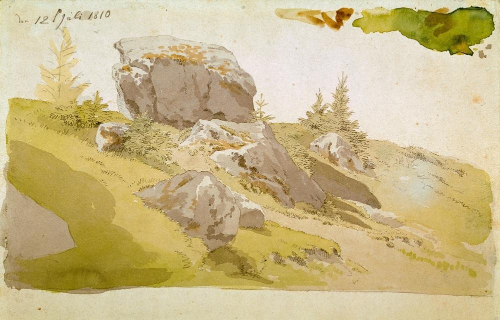 Caspar David Friedrich, Wiesenstück mit Felsen im Riesengebirge (Deutsche Kunst,Gebirge,Landschaft,Felsen,Naturstudie,Romantik)