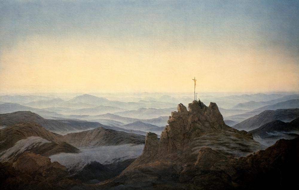 Caspar David Friedrich, Morgen im Riesengebirge (Deutsche Kunst,Gebirge,Kreuz,Landschaft,Tageszeiten,Morgen,Sonnenaufgang,Felsen,Dämmerung,Gipfel,Romantik)