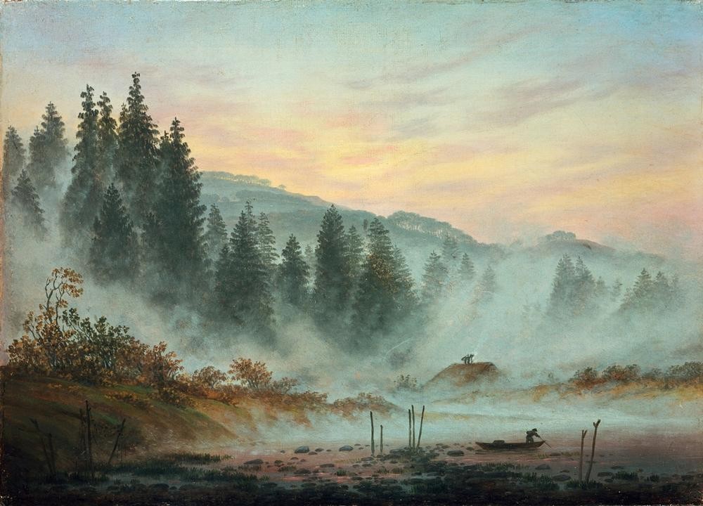 Caspar David Friedrich, Der Morgen (Boot,Deutsche Kunst,Gebirge,Landschaft,Tageszeiten,Morgen,Nebel,Romantik)