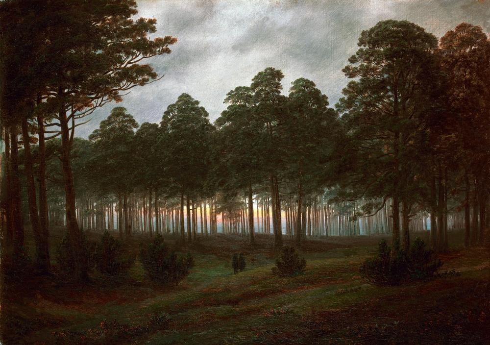 Caspar David Friedrich, Der Abend (Botanik,Deutsche Kunst,Landschaft,Licht Und Beleuchtung,Spaziergang,Tageszeiten,Wald,Abend,Kiefer (Baum),Lichtung,Dämmerung,Romantik)