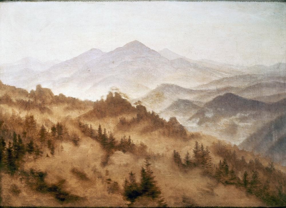 Caspar David Friedrich, Gebirgslandschaft (Deutsche Kunst,Gebirge,Landschaft,Meteorologie,Tageszeiten,Morgen,Nebel,Naturstudie,Romantik)