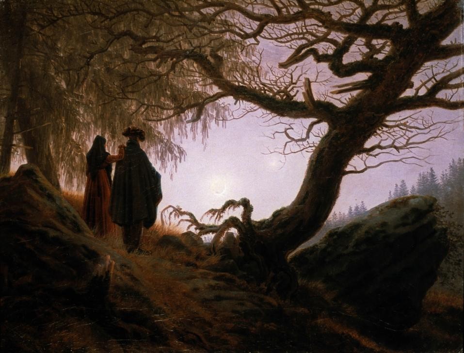 Caspar David Friedrich, Mann und Frau den Mond betrachtend (Deutsche Kunst,Ehepaar,Landschaft,Liebespaar,Mond,Wald,Abend,Nacht,Rückenfigur,Harmonie,Betrachten,Romantik,Baum (Entwurzelt))