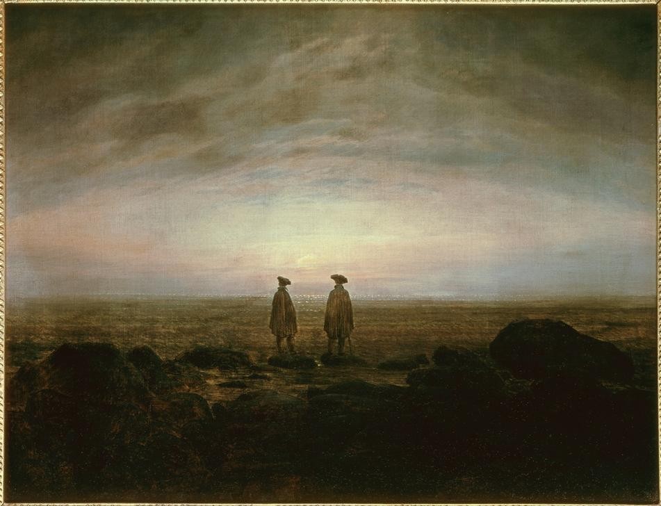 Caspar David Friedrich, Zwei Männer am Meer bei Mondaufgang (Deutsche Kunst,Landschaft,Licht Und Beleuchtung,Mond,Tageszeiten,Abend,Meer,Rückenfigur,Harmonie,Betrachten,Romantik)