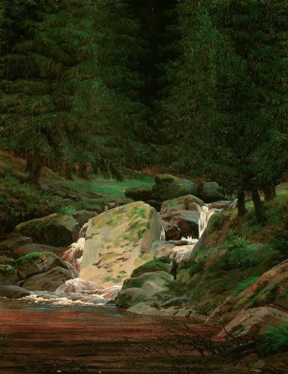Caspar David Friedrich, Tannenwald mit Wasserfall (Deutsche Kunst,Landschaft,Tanne,Wald,Wasserfall,Romantik)
