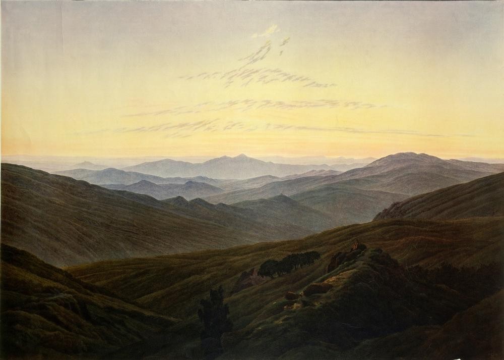 Caspar David Friedrich, Riesengebirge (Deutsche Kunst,Gebirge,Landschaft,Tageszeiten,Morgen,Sonnenaufgang,Romantik)
