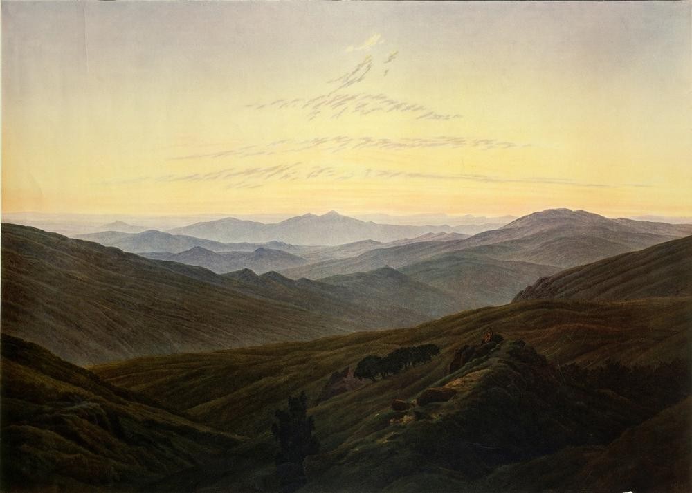 Caspar David Friedrich, Riesengebirge (Deutsche Kunst,Gebirge,Landschaft,Tageszeiten,Morgen,Sonnenaufgang,Romantik)