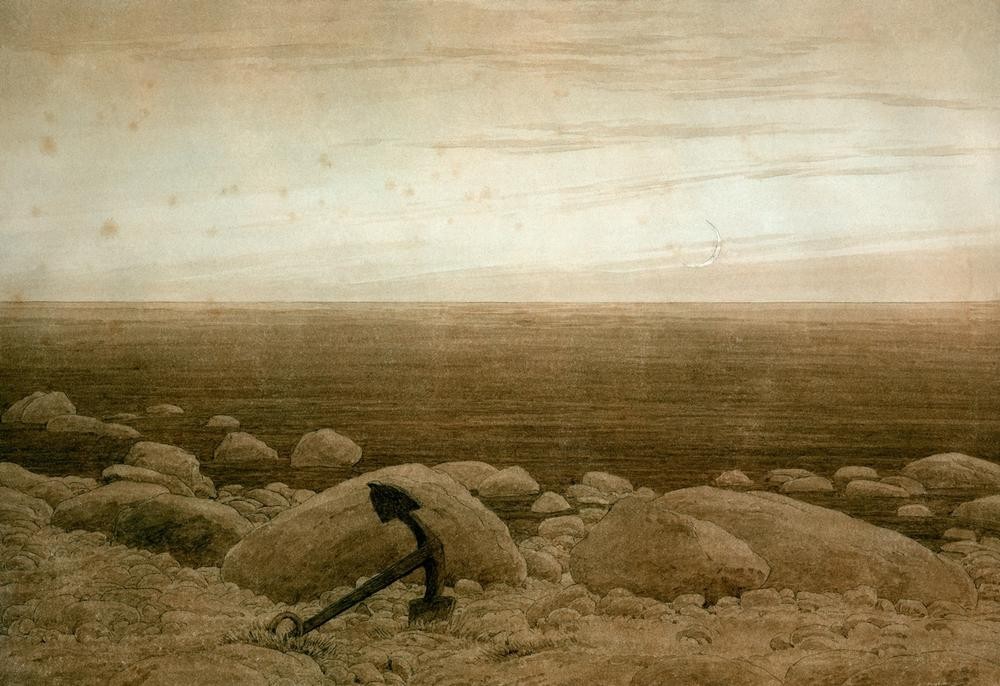 Caspar David Friedrich, Steiniger Strand mit Anker und Mondsichel (Deutsche Kunst,Küste,Mond,Strand,Meer,Anker,Mondsichel,Romantik)