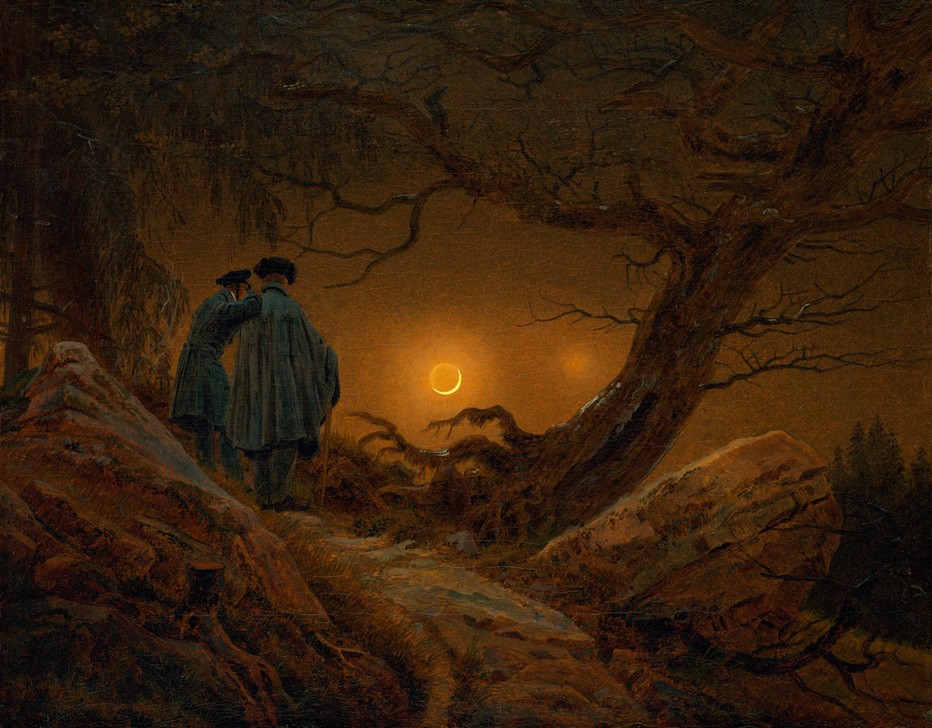 Caspar David Friedrich, Zwei Männer in Betrachtung des Mondes (Astronomie,Deutsche Kunst,Freundschaft (Allgemein),Herrenmode,Kunst,Landschaft,Mann,Mensch,Mode,Mond,Freizeit,Tracht,Wandern,Tageszeiten,Wald,Nacht,Biedermeier,Allegorie,Baum,Vanitas,Rückenfigur,Licht,Wanderer,Pantheismus,Kleidung (Allgemein),Betrachten,W)