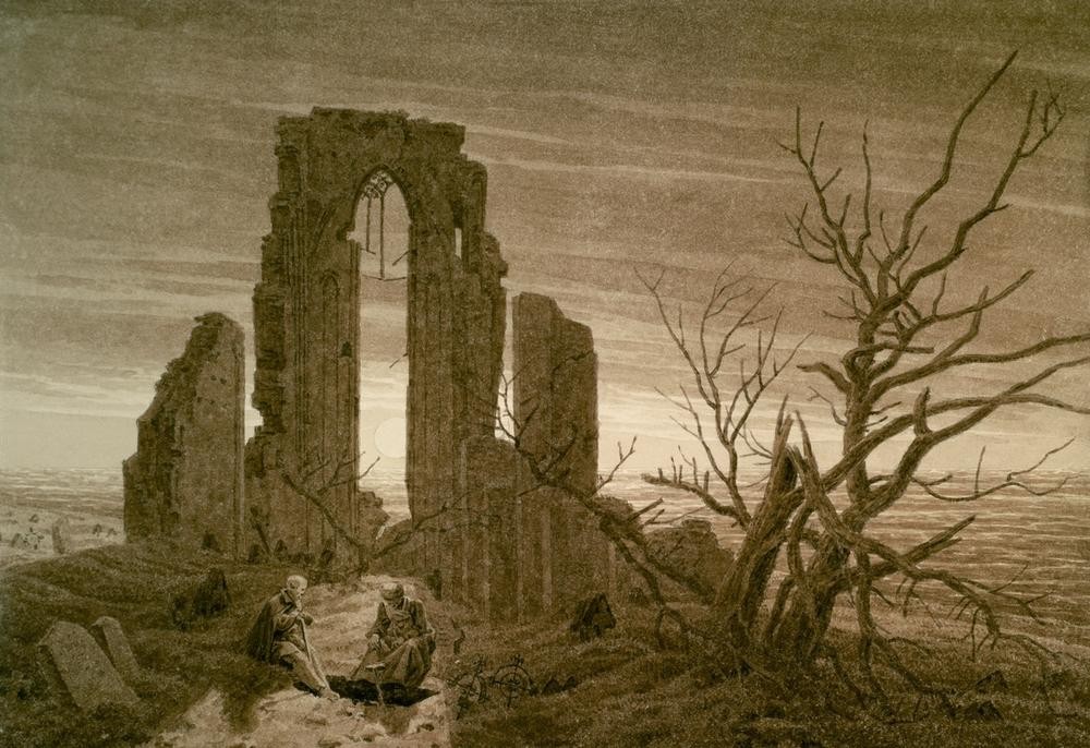 Caspar David Friedrich, Der Winter (Abtei,Deutsche Kunst,Jahreszeiten,Kloster,Landschaft,Ruine,Winter,Zisterzienserkloster,Zisterzienser,Paar,Romantik,Klosterruine)