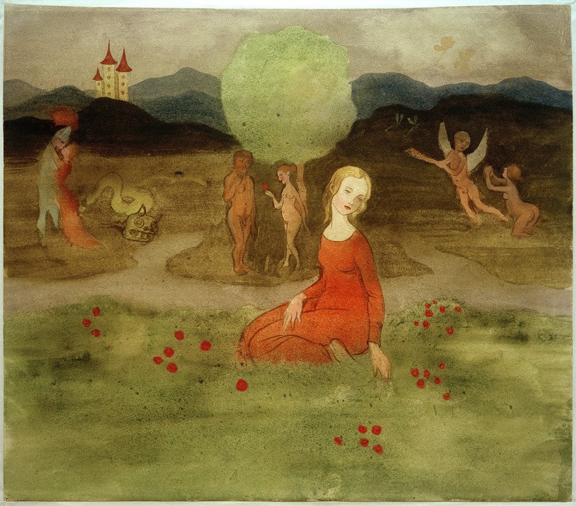 Ivar Axel Henrik Arosenius, Liebesträume / Traum von der Liebe (Christentum,Engel,Erotik,Frau,Kunst,Landschaft,Liebe,Liebe Und Ehe,Liebespaar,Mann,Mensch,Religion,Traum,Altes Testament,Akt,Kuss,Bibel,Wiese,Paradies,Baum Der Erkenntnis,Liebestraum,Schwedische Kunst,Tagtraum,Idylle,Nacktheit,Sexualität,Paar,Fliegen,Geda)