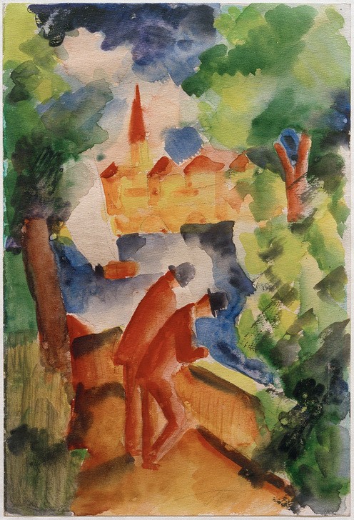 August Macke, Männer auf der Terrasse am See (Deutsche Kunst,Kunst,Landschaft,Freizeit,Spaziergang,Terrasse,See,Expressionismus,Reise,Der Blaue Reiter,Aussichtsterrasse,Melone (Hut),Männerleben,Aussicht)