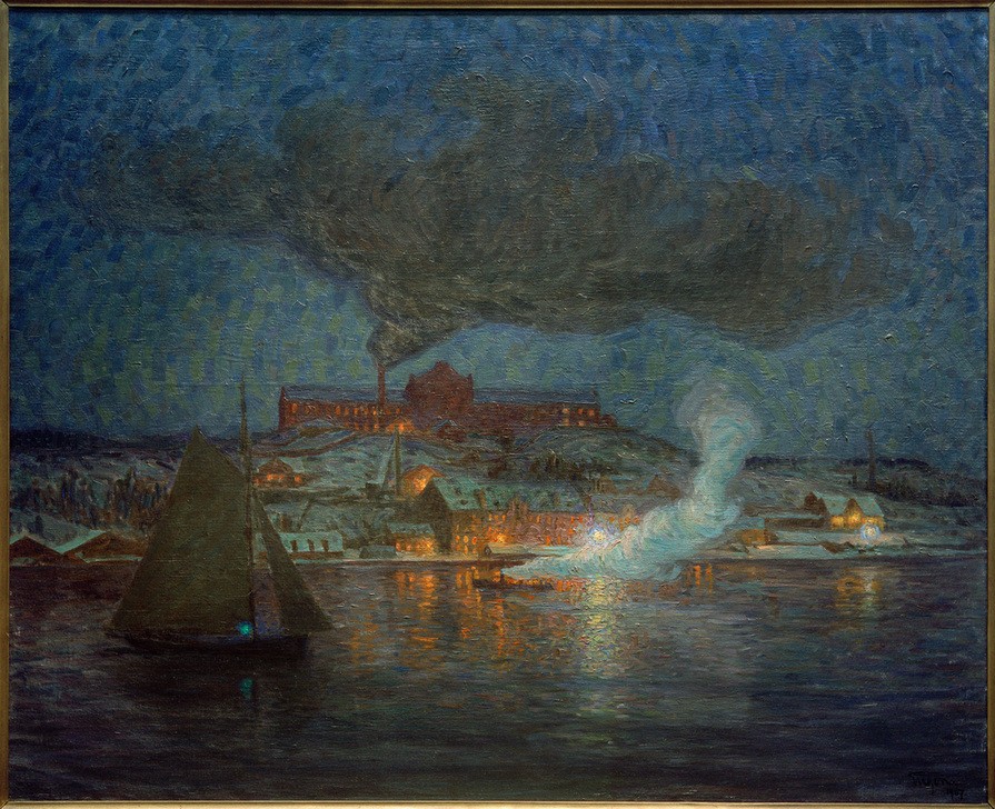 Eugen, Prinz von Schweden, Ölfabrik in Rökar (Boot,Industrie,Kunst,Landschaft,Öl,Schiff,Wirtschaft (Ökonomie),Tageszeiten,Nacht,Meer,Luftverschmutzung,Segelboot,Technik,Fabrik,Schwedische Kunst,Rauch,Blau,Umweltverschmutzung,Emission,Skandinavische Kunst,Signatur,Schifffahrt,Farbe)