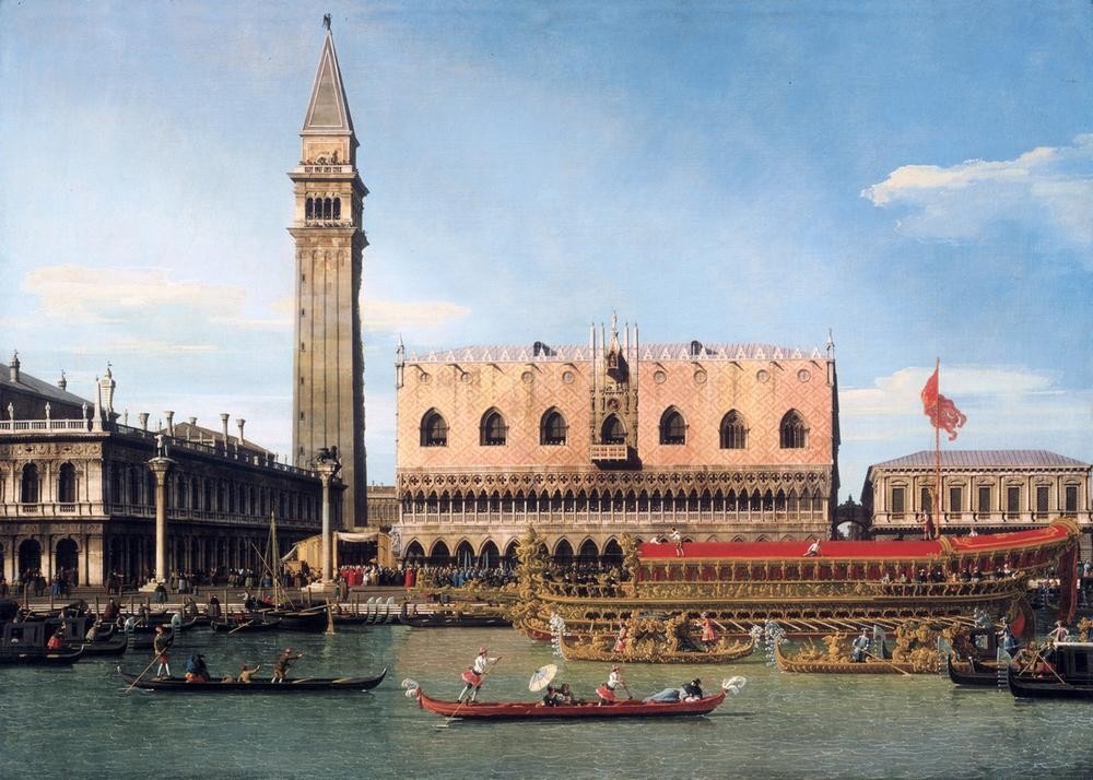 Giovanni Antonio Canaletto, The Bucintoro at the Molo on Ascension Day (Städte, Venedig, Vedute, Architektur, Campanile, Lagune, Gondeln, Dogenpalast, Goldene Barke, Staatsschiff, Bucintoro, Doge, Barock, Klassiker, Wunschgröße, Wohnzimmer)