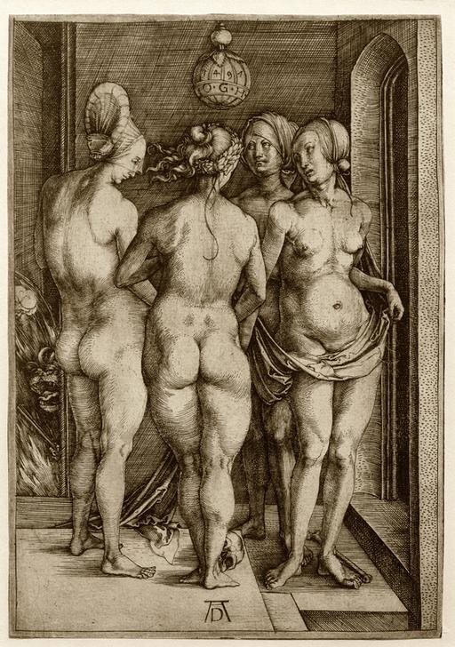 Albrecht Dürer, Vier nackte Frauen (Die vier Hexen) (Deutsche Kunst,Frau,Gruppenbild,Hexe,Kopfbedeckung,Kunst,Magie,Esoterik,Aberglaube,Renaissance,Akt,Haube,Rückenakt)