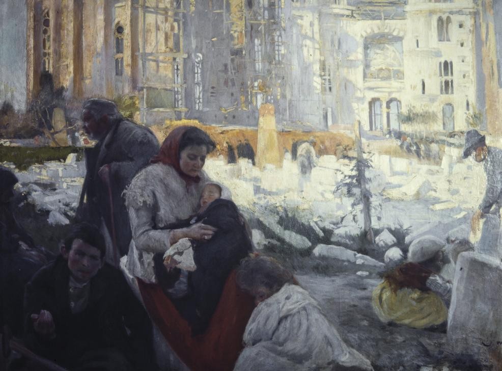 Joaquim Mir, Die Kathedrale der Armen (Armut, Kinder, Architektur,  Familien, Münster, Kirche, Mütter, Kinder, Menchen, Post-Modernisme, Malerei, Klassische Moderne, Wunschgröße, Wohnzimmer, Treppenhaus, bunt)