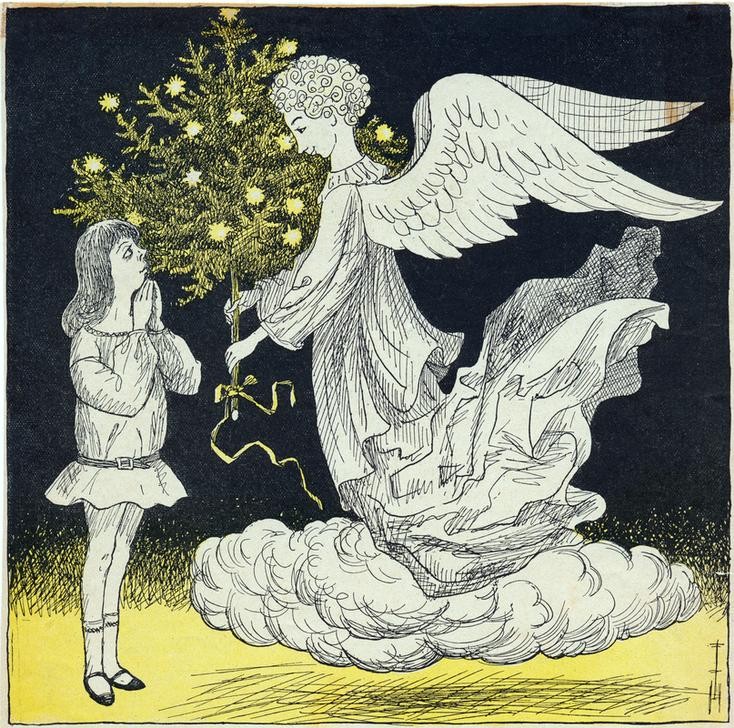 Thomas Theodor Heine, Weihnachten 1922 / Bitte liebes Christkind, gib mir einen guten Börsentip! (Börse,Deutsche Kunst,Finanzwesen,Gebet,Geld,Geschichte,Karikatur,Kind,Kunst,Politik,Weihnachtsbaum,Weihnachten (Kalenderfeste),Wirtschaft (Ökonomie),Wolke,Wunschzettel,Inflation,Gesellschaftskritik,Schweben,Habgier,Wunschdenken,Goldene Zwanziger)