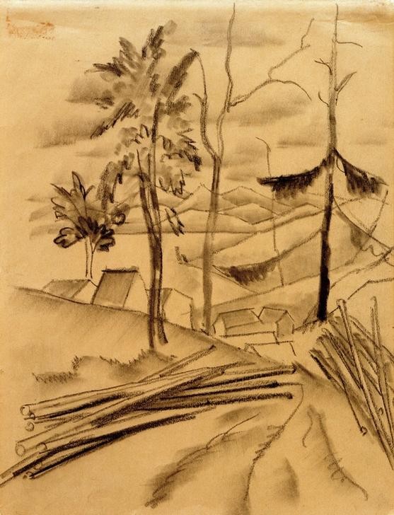 August Macke, Landschaft mit Baumstämmen (Deutsche Kunst,Dorf,Kunst,Landschaft,Holz,Expressionismus,Der Blaue Reiter,Baumstamm)