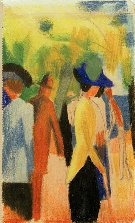 August Macke, Spaziergänger unter Bäumen (Spaziergänger im Park) (Menschen, Park, Freizeit, Spaziergang, See, Menschen,  Wohnzimmer, Treppenhaus, Expressionismus,  Klassische Moderne, Malerei, Wunschgröße, bunt)