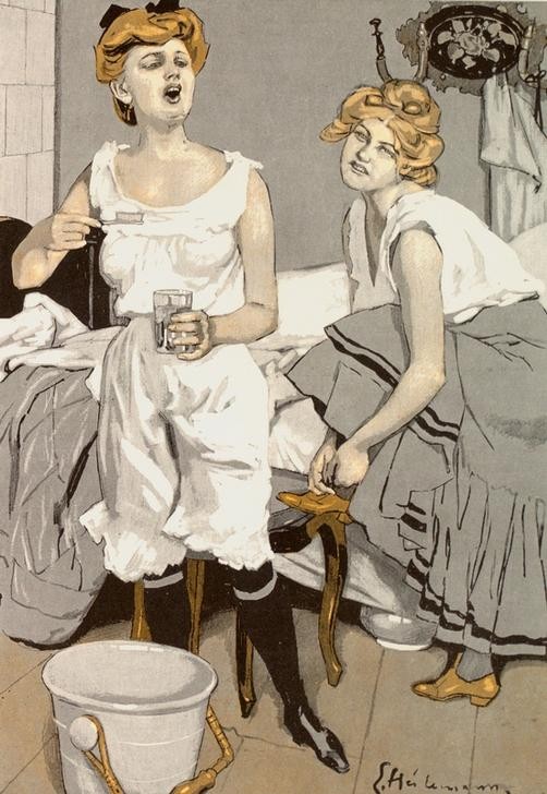 Ernst Heilemann, Und du willst mir erzählen, daß du heute nischt vorhast! – (Frauen, Gespräch, Ankleiden, Unterwäsche, Zahnbürste, Morgentoilette, Nostalgie, Karikatur, Klassiker, Treppenhaus, Wunschgröße)