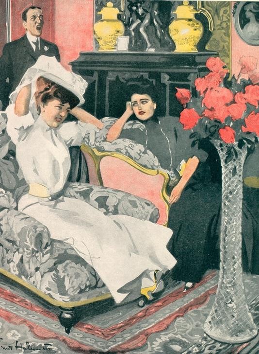 Ernst Heilemann, Die Herren finden’s so nett, daß ich so naiv bin. Ich bleib (Damenmode,Deutsche Kunst,Frau,Karikatur,Mode,Hut,Bürgertum,Kleid,Spiessbürger,Humor (Witz))