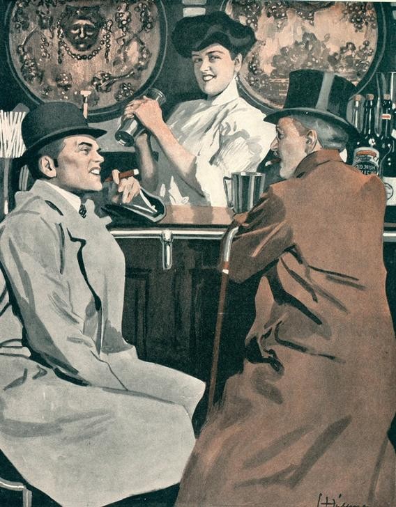 Ernst Heilemann, Junges Glück (Bar,Deutsche Kunst,Herrenmode,Karikatur,Kopfbedeckung,Mantel,Mode,Zigarre,Zylinder (Hut),Hut,Rauchen,Bürgertum,Spiessbürger,Bardame,Bräutigam,Melone (Hut),Unterhaltung (Gespräch))
