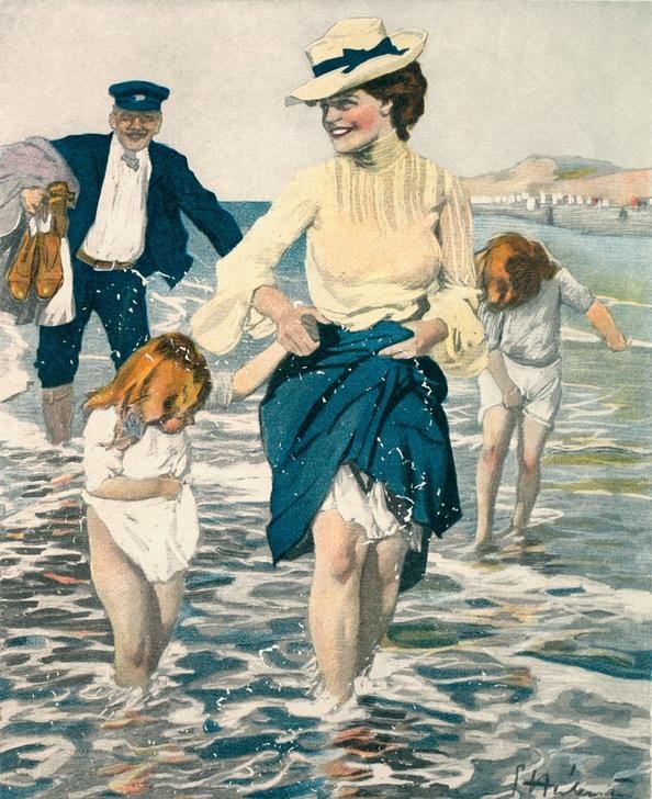 Ernst Heilemann, Aber Mutti, du hast ja grad so ne Beine, wie wir! (Damenmode,Deutsche Kunst,Familie,Mode,Urlaub,Hut,Reise,Mutter Und Tochter,Bürgertum,Waten,Kurbad,Fröhlichkeit)