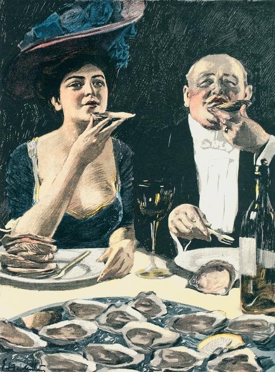 Ernst Heilemann, Das haben die besitzlosen Klassen vor uns voraus: sie könne (Damenhut,Damenmode,Deutsche Kunst,Essen Und Trinken,Laster,Mode,Tafelsitten,Nahrungsmittel,Dekollete,Völlerei,Bürgertum,Auster,Wohlstand,Weinglas,Paar,Luxus,Spiessbürger)