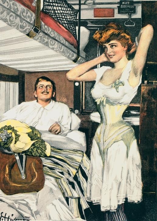 Ernst Heilemann, Die Ehe ist doch was Herrliches. Man amüsiert sich und blei (Damenmode,Deutsche Kunst,Ehepaar,Eisenbahn,Hochzeitsreise,Karikatur,Liebe Und Ehe,Mode,Unterwäsche (Damen),Abteil,Moral,Unterrock,Reise,Schlafwagen,Bürgertum,Entkleiden,Spiessbürger,Doppelmoral,Vorkriegszeit,Schlafwagenabteil)