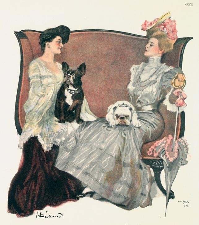 Ernst Heilemann, Gottseidank (Damenmode,Deutsche Kunst,Emanzipation,Karikatur,Mode,Damenkränzchen,Hund,Bürgertum,Sofa,Schosshund,Kleid,Dame,Spiessbürger,Schirm,Unterhaltung (Gespräch))
