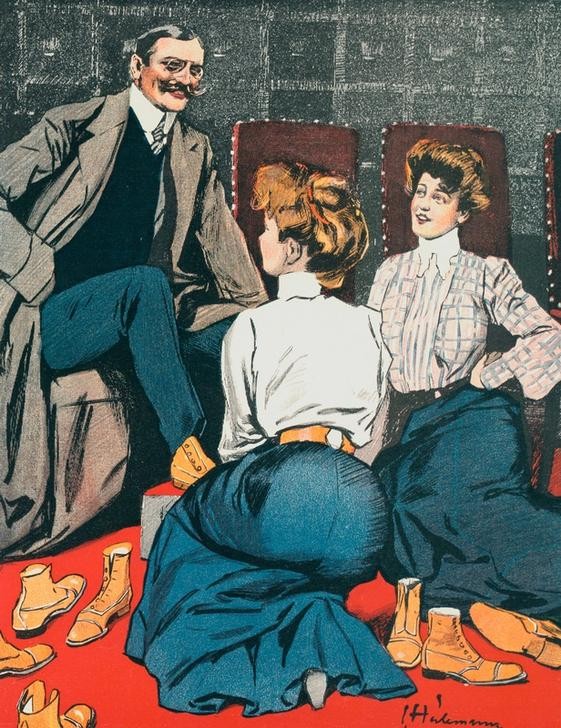 Ernst Heilemann, Eigentlich passen die Stiebel ja tadellos. Aber weil wir nu (Deutsche Kunst,Flirt,Handel,Herrenmode,Schuhe (Schuh),Schuhgeschäft,Verkäuferin,Hahn Im Korb,Spiessbürger)
