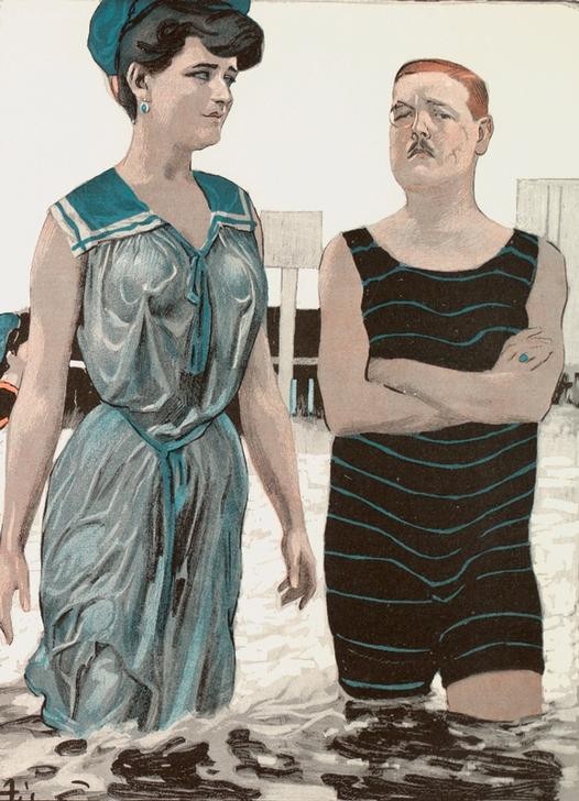 Ernst Heilemann, Vorsichtig (Bademode,Damenmode,Deutsche Kunst,Flirt,Frau,Herrenmode,Karikatur,Liebespaar,Mann,Mode,Seebad,Urlaub,Tourist,Bürgertum,Kleid,Spiessbürger,Matrosenkleid,Seitensprung,Vorkriegszeit,Waten)