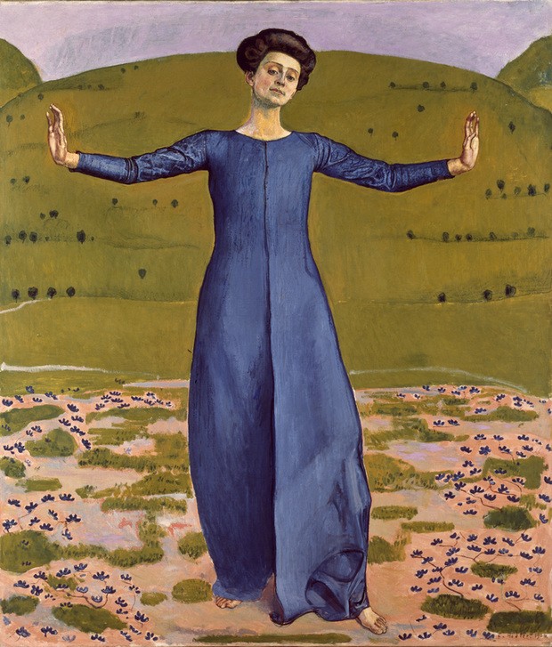 Ferdinand Hodler, Lied aus der Ferne (Damenmode,Frau,Jugendstil,Landschaft,Sehnsucht (Gefühl),Symbolismus,Allegorie,Portrait,Schweizerische Kunst,Kleid,Blau,Symmetrie)