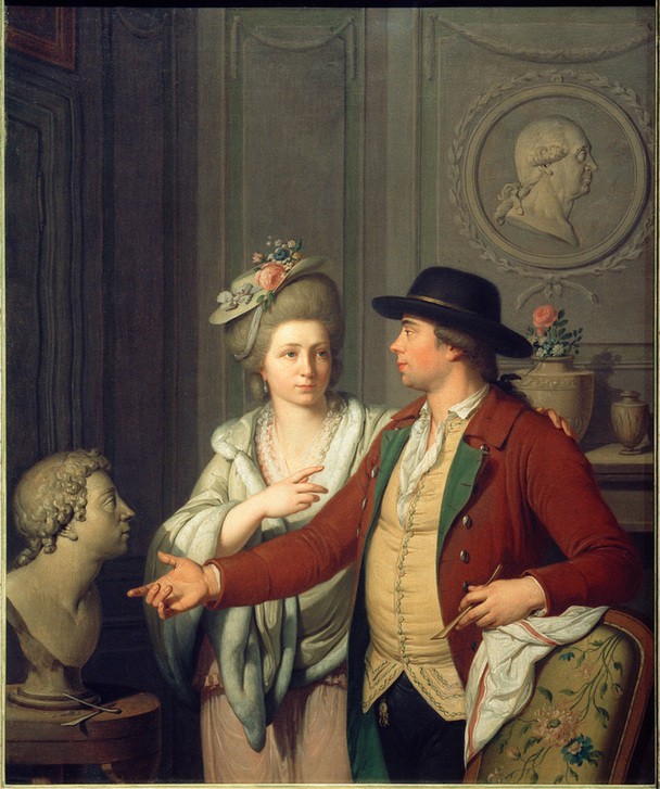 Johann August Nahl der JÜngere, Samuel Nahl zeigt seiner Braut die Büste seines Bruders (Bildhauer,Braut,Damenmode,Deutsche Kunst,Frau,Herrenmode,Künstler,Kunst,Mann,Mode,Klassizismus,Werkzeug,Portrait,Interieur,Künstlerfamilie,Verlobte,Zeigen,Doppelportrait,Skulptur Im Bild,Person,Spatel)