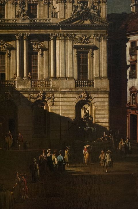 Bernardo Bellotto, Vienna University square (Universität, Platz, Wien, Architektur, Gebäude, Alltagsszene, mittelalterliche Stadt, Detail,  historisch, Malerei, Wohnzimmer, Wunschgröße, Klassiker, bunt)