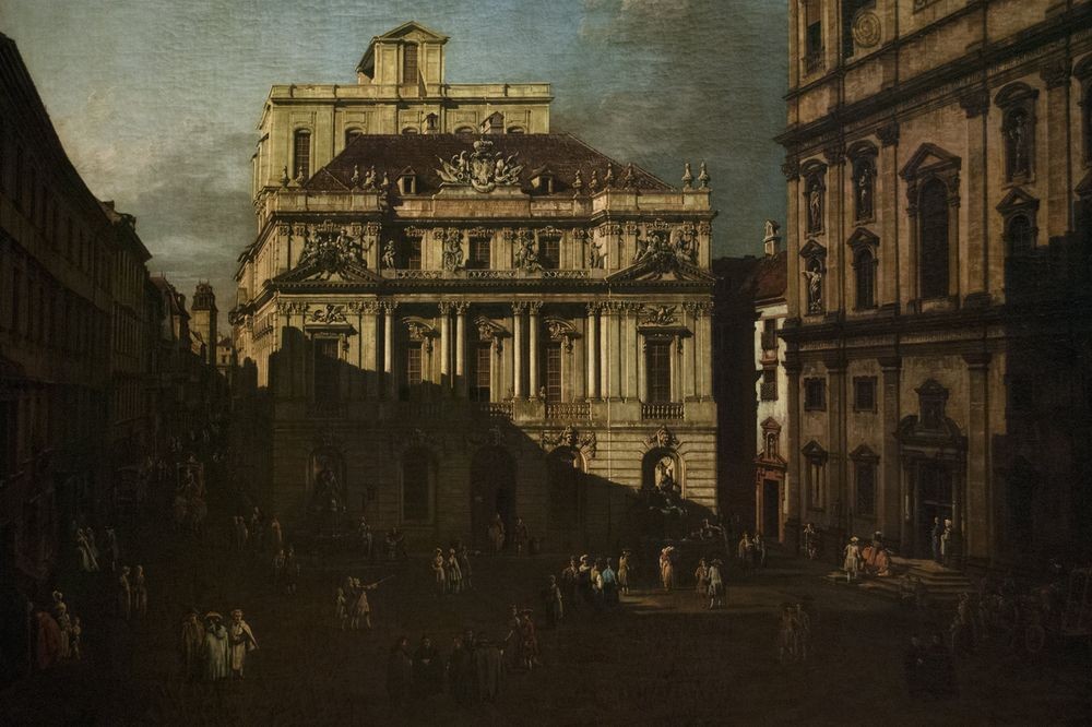 Bernardo Bellotto, Vienna University square (Universität, Platz, Wien, Architektur, Gebäude, Alltagsszene, mittelalterliche Stadt, historisch, Malerei, Wohnzimmer, Wunschgröße, Klassiker, bunt)