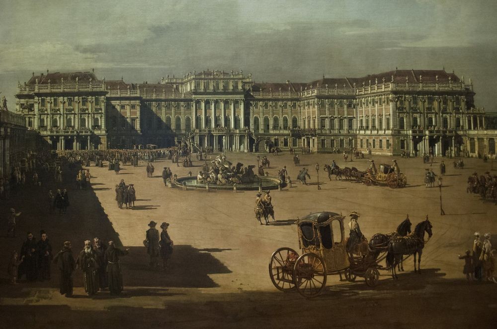 Bernardo Bellotto, View of Schonbrunn Palace (Schloss, Schönbrunn, Platz, Wien, Architektur, Gebäude, Alltagsszene, Kutschen, mittelalterliche Stadt,  historisch, Malerei, Wohnzimmer, Wunschgröße, Klassiker, bunt)