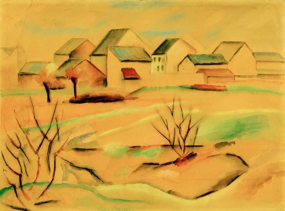 August Macke, Vorstadthäuser (Häuser, Vorstadt, Architektur,  Landschaft, Vorort,  Wohnzimmer, Treppenhaus, Expressionismus,  Klassische Moderne, Malerei, Wunschgröße, bunt)