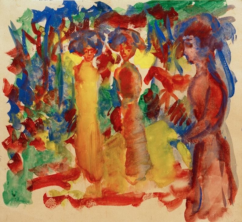 August Macke, Frauen beim Spaziergang (Spaziergängerinnen, Park, Frauen, abstrahiert,  Wohnzimmer, Treppenhaus, Expressionismus,  Klassische Moderne, Malerei, Wunschgröße, bunt)