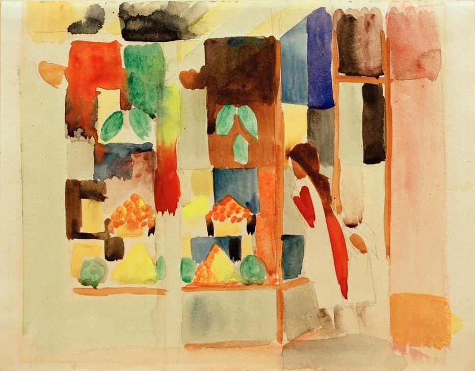 August Macke, Kinder am Gemüseladen I (Mädchen, Kind,  Gemüse, Handel,  Obst, Schaufenster, Nahrungsmittel, Wohnzimmer, Treppenhaus, Expressionismus,  Klassische Moderne, Malerei, Wunschgröße, bunt)
