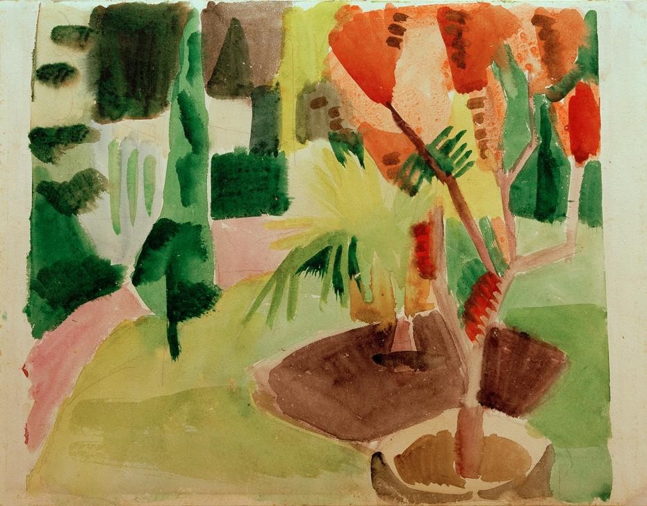 August Macke, Unser Garten am See 2 (Deutsche Kunst,Kunst,Landschaft,Expressionismus,Hausgarten,Der Blaue Reiter,Garten)