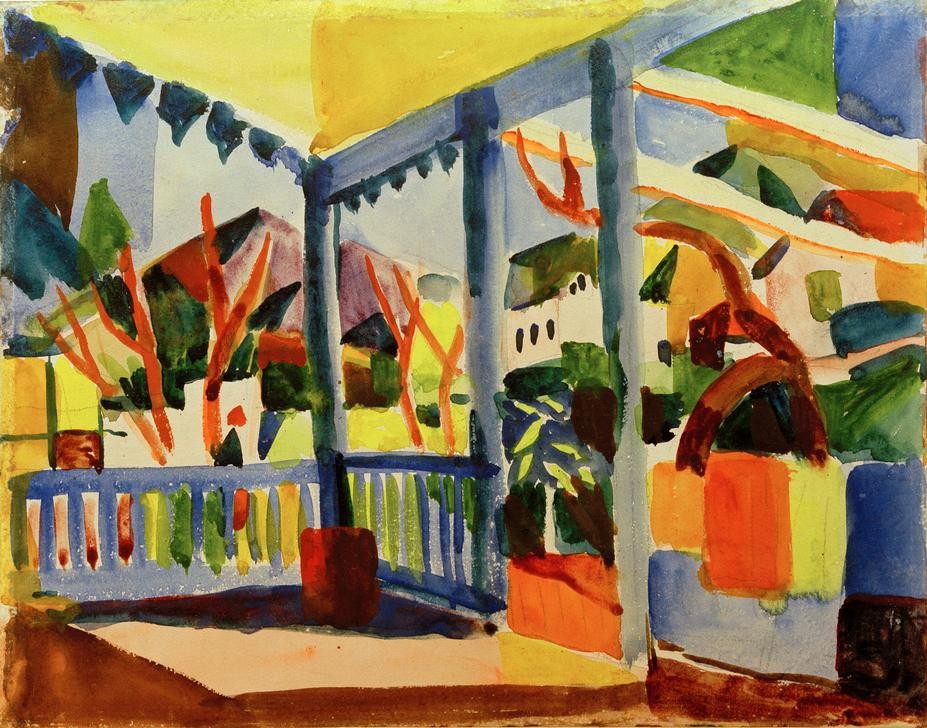 August Macke, Terrasse des Landhauses in St. Germain (Architektur,Deutsche Kunst,Kunst,Landschaft,Terrasse,Expressionismus,Der Blaue Reiter,Architekturdarstellung,Farbigkeit,Die Tunisreise)