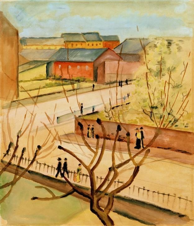 August Macke, Blick auf unsere Straße im Frühling (Deutsche Kunst,Jahreszeiten,Kunst,Strassenszene,Frühling,Expressionismus,Der Blaue Reiter,Stadtansicht,Architekturdarstellung,Fussgänger)