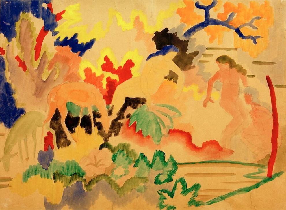 August Macke, Drei Akte mit Rehen am Wasser (Körperpflege,Bad Im Freien,Bad,Deutsche Kunst,Frau,Kunst,Akt,Expressionismus,Der Blaue Reiter,Reh,Mensch Und Tier)