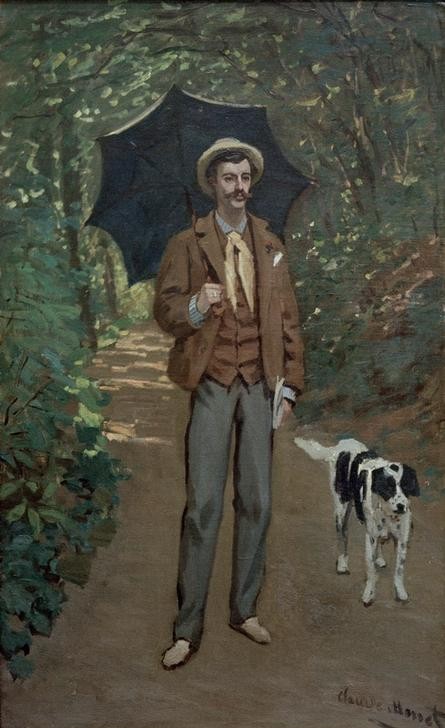 Claude Monet, Portrait de Victor Jacquemont au parasol (Herrenhut,Herrenmode,Jugend (Lebensalter),Kunst,Mann,Menschen Im Park,Mensch,Mode,Freizeit,Spaziergang,Impressionismus,Hut,Herr Und Hund,Hund,Portrait,Sonnenschirm,Französische Kunst,Haustier,Tier,Ganzfigurig,Schlankheit,Mensch Und Tier)