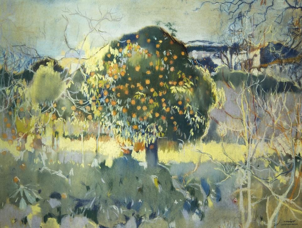 Joaquim Mir, Landschaft (Landschaft, Garten, Baum, Orangenbaum, Post-Modernisme, Malerei, Klassische Moderne, Wunschgröße, Wohnzimmer, Treppenhaus, bunt)
