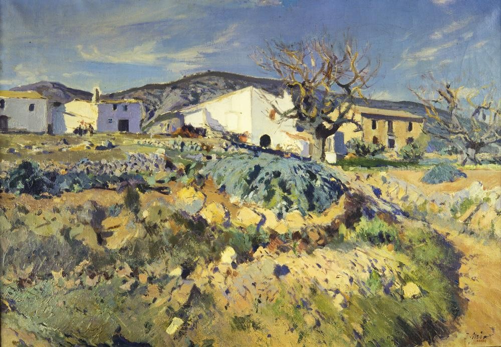 Joaquim Mir, La maliza de Magí (Dorf, rustikal, Landschaft, Landleben, Gehöft, bäuerlich, Post-Modernisme, Malerei, Klassische Moderne, Wunschgröße, Wohnzimmer, Treppenhaus, bunt)